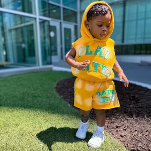 Fashion Streetwear Custom Patchwork Tie Dye Color Sleeveless Shorts Streetwear Girl Boy Clothing Tracksuit Boys Clothing Set