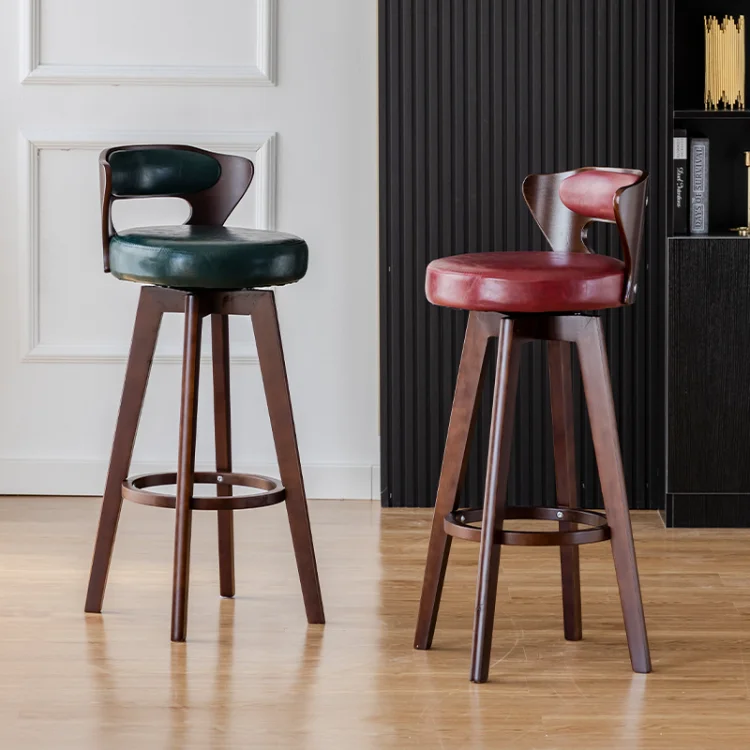 Solid Wood Modern Simple Back Swivel Elegant Stool Kitchen Tall Dining Chairs Italy Wooden and Leather Bar Chair for Bars
