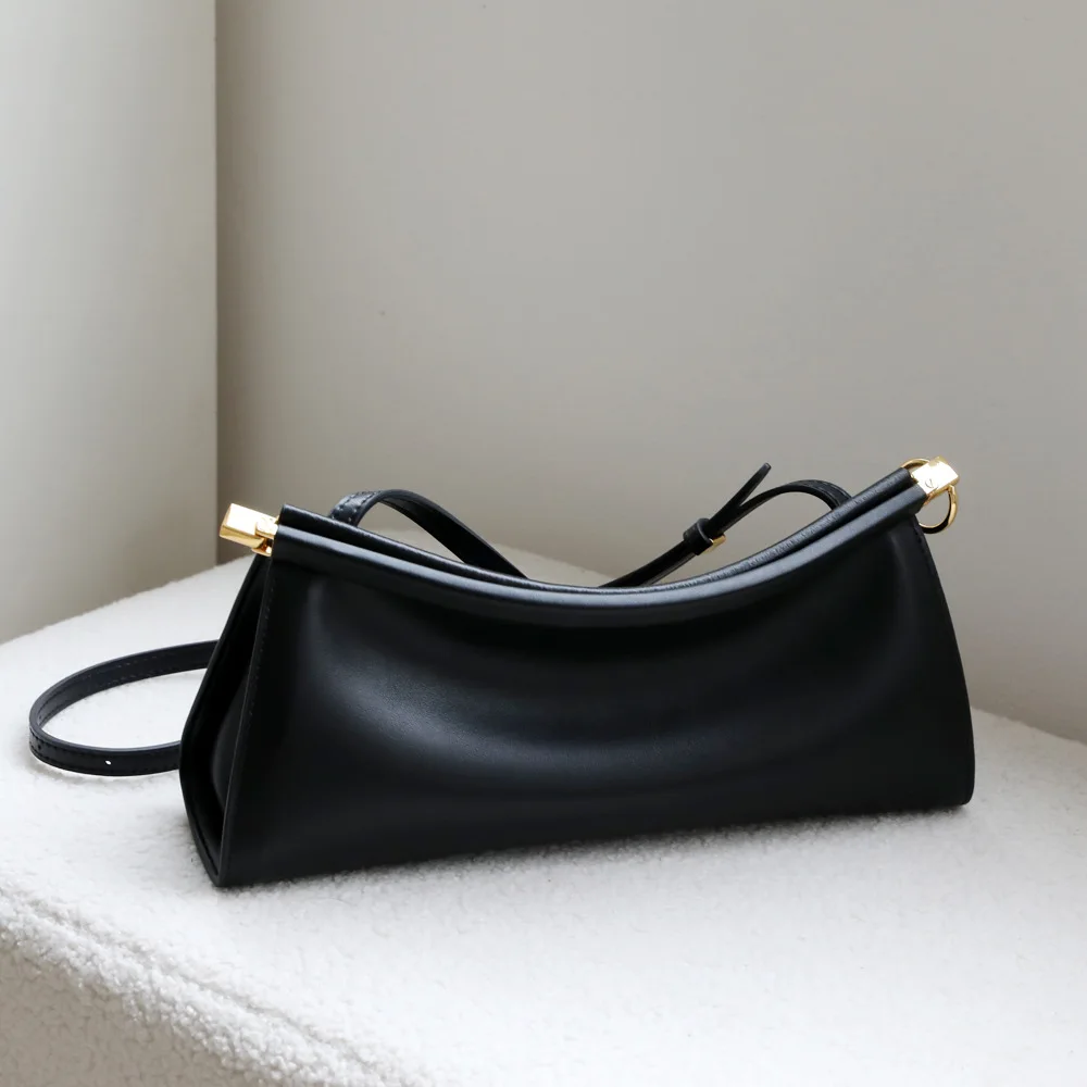 French Niche Design Cowhide Solid Color Clip Closure Clamp Bag High-end Fashion Urban Minimalism Winter 2025 Middle Shoulder Bag