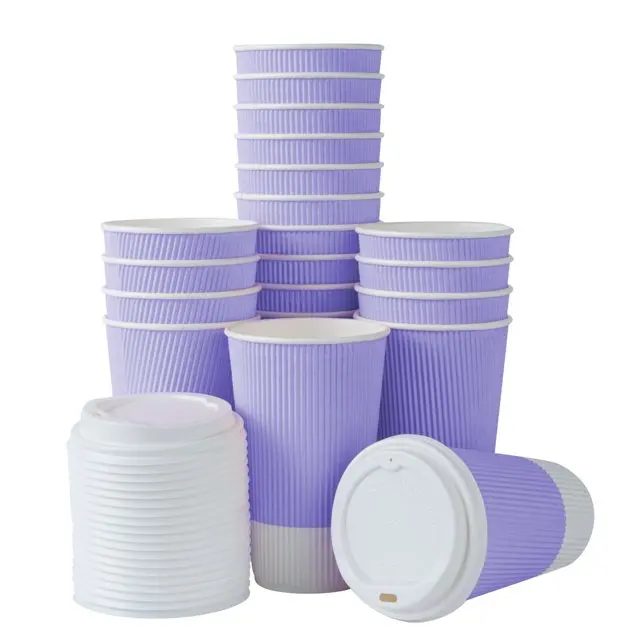 8/12/16/22 Oz Customized Color Corrugated Paper Ripple Wall Insulated Coffee Cups with Lids Recyclable Beverage Use Wholesale