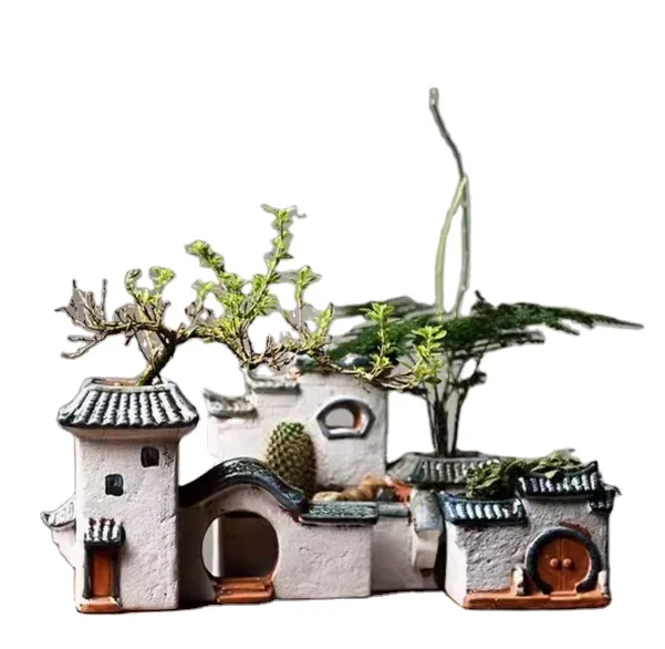 Modern Micro Landscape Plants Ceramic Zen Houses Creative Micro Landscape Ornaments Home Decor Living Room Flowerpot Potted