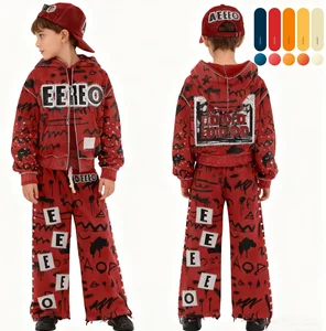 Custom Manufacturer Sweatsuit Double Waist Sweat Suit Rhinestone Hoodie and Flared Sweatpants Set Baggy Oversized Kids Tracksuit