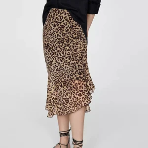 Bohemian Design Simple Sexy A-line Ruch Hem Vintage Leopard Side Gathered Chiffon Midi Skirt for Women