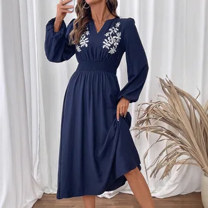 Women's Vintage Elegant Ethnic Style Blue Floral Dress Long Sleeve Knee-Length Waist-Shrinking V-Neck Polyamide Lace for Autumn