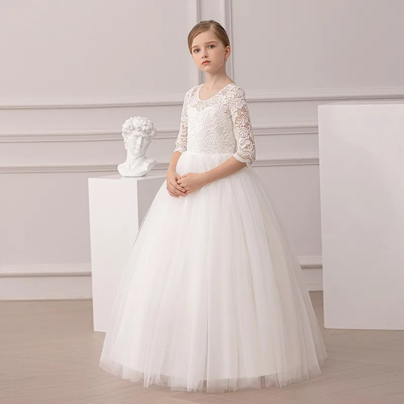 Hot Sale Kids Modern White Lace Three-Quarter Sleeves Backless