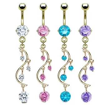 Gold Plated Belly Ring with Prong Set Tanzanite Solitaire Round Cubic Zirconia Vine Dangle body piercing jewelry