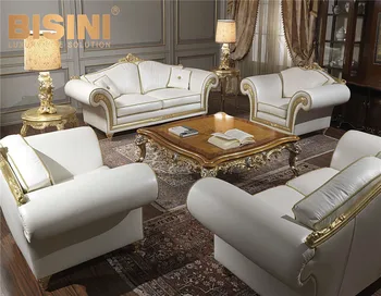 Palace Royal Apartment Living Room Luxury Furniture Solid Wood White Color Leather Sofa