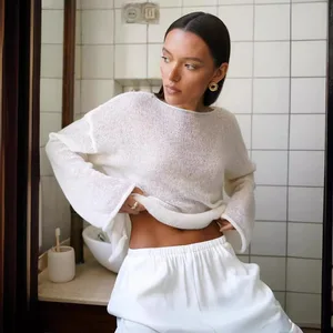 Cross-Border Hollow-Out Knitwear European American 2026 Spring/Summer New Women's Sheer Thin O-Neck Regular Sleeve Casual Front