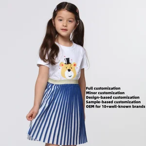 Customizable Casual Girls' Blue & White Pleated Striped Kid Skirt with Glitter Waistband