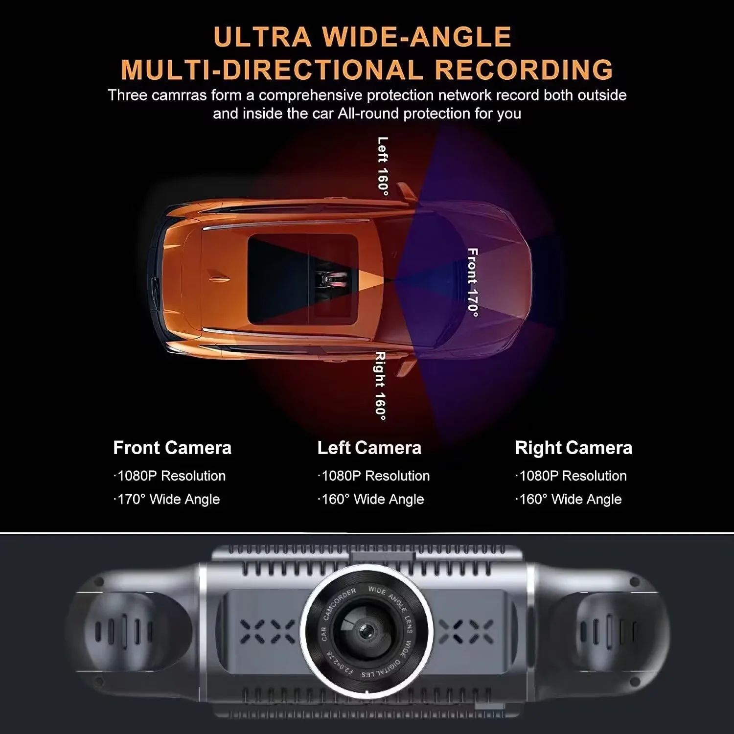 3 Inch Wifi Dashcam - 4 Way Auto Recorder for Cars & Taxis