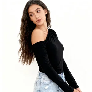 Women's Spring/Autumn Knitted Soft Stretch High Quality Fashion Trendy One - Shoulder Cold Shoulder Fitted Long Sleeve Top