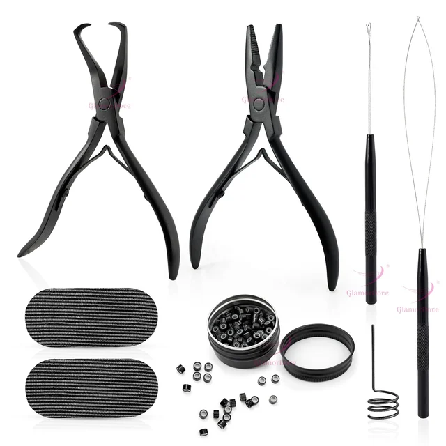 GlamorDove Weft Application Kit with Hair Extension Plier Sectioning Ring Hair Gripper Hair Pulling Crochet Hook Tool