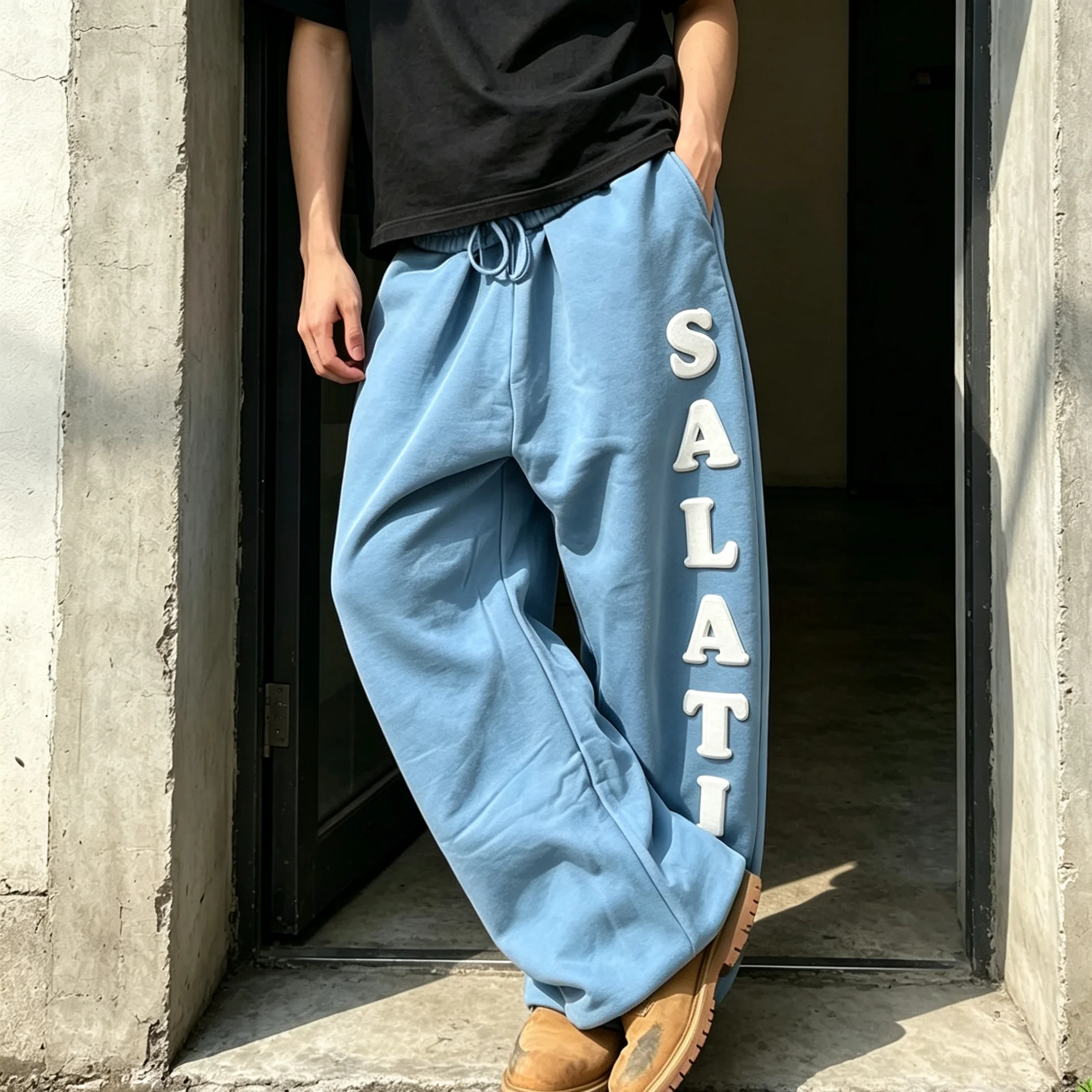 Custom 500GSM Elastic Waist Cotton Fleece Denim Vintage Stonewashed High Waist Straight Wide Leg Oversized Midweight Breathable gallery 8