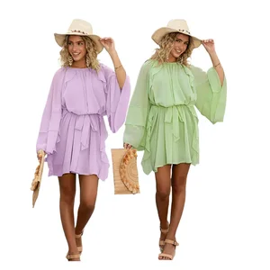 Women's Best-selling Pleated High-waisted Solid-color Multi-layer Ruffled Hemmed Sleeve Dress