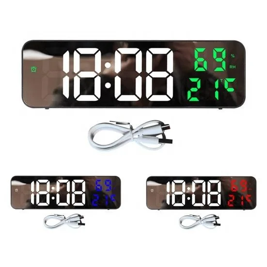 LED Mirror Digital Alarm Clock Electronic Temperature Wall Table Snooze Clock USB Watch Nightlight Home Office Smart Alarm Clock