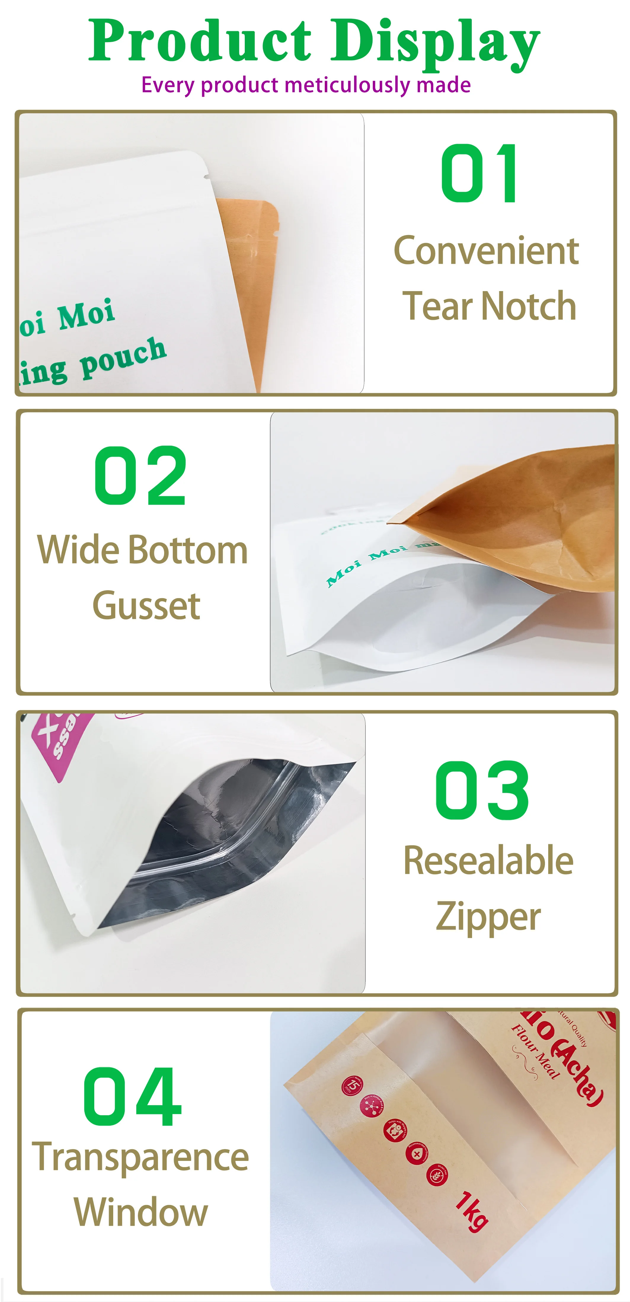 Customized Free Sample Custom Logo All Sizes Eco White Kraft Paper Stand Up Pouches Bags With Matte Window Tea Nuts