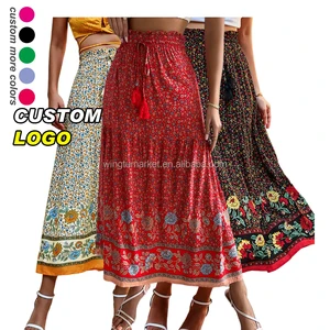 Custom Maxi Long Skirts Women Casual Tassel High Waist Elastic Ladies Floral Stretch Print Bohemian Skirt
