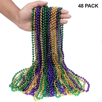 33 7mm Metallic Green Beaded Necklaces, Bulk Mardi Gras Party Beads  Necklaces, Holiday Beaded Costume Necklace for Party (Green, 12 Pack) 