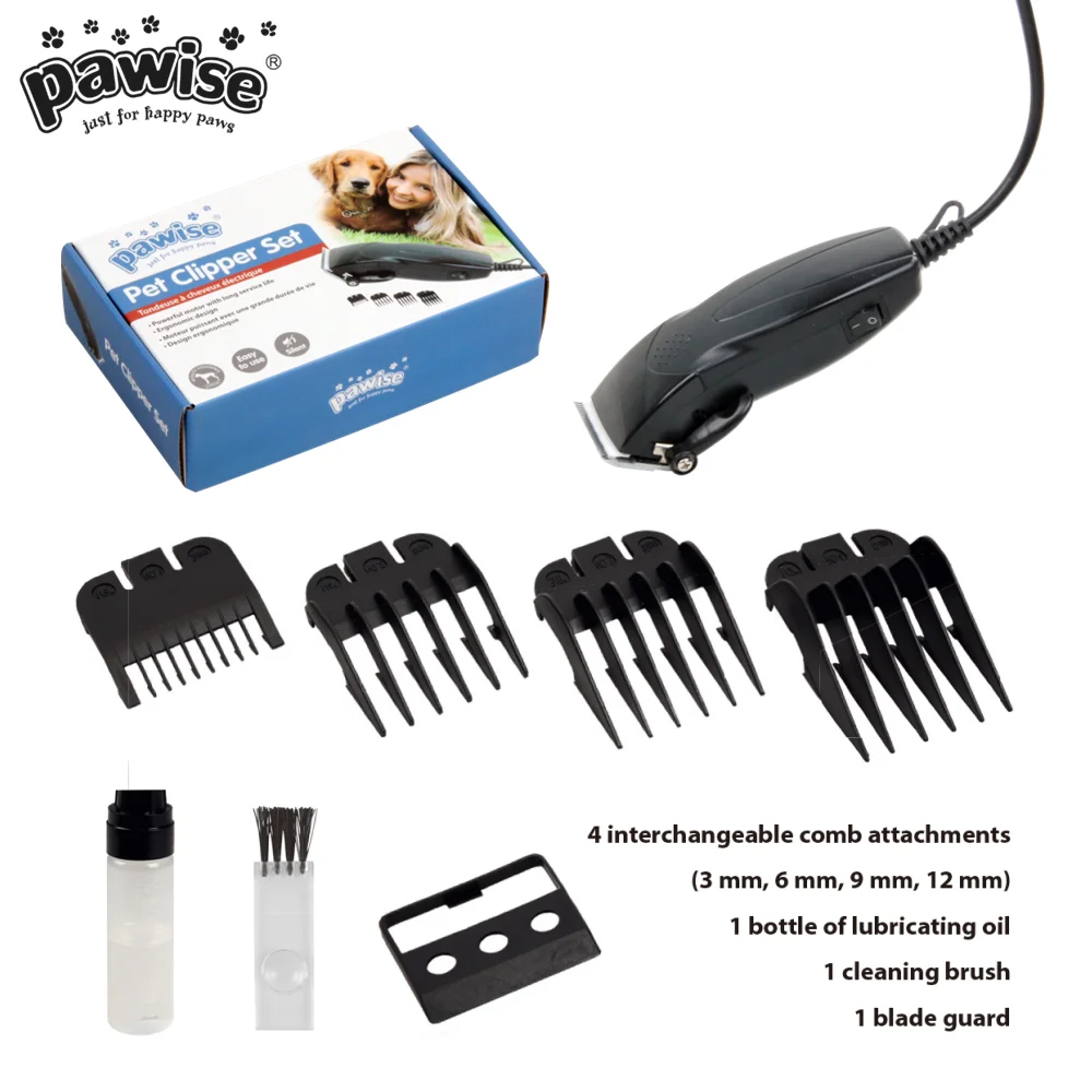 Pawise Powerful Low Noise 4 Interchangeable Comb Pet Clipper Set Dog Cat Grooming Trimmer With Adjustable Stainless Steel Blades
