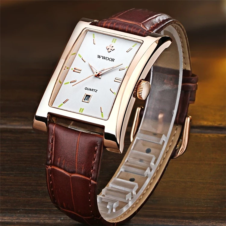 WWOOR 8017 Men's Square Watches Top Brand fashion Leather Strap Quartz Waterproof Date Clock Male Casual Business Wrist Watch