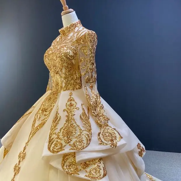 Luxury Full Sleeve Gold Sequins Lace Wedding Dress