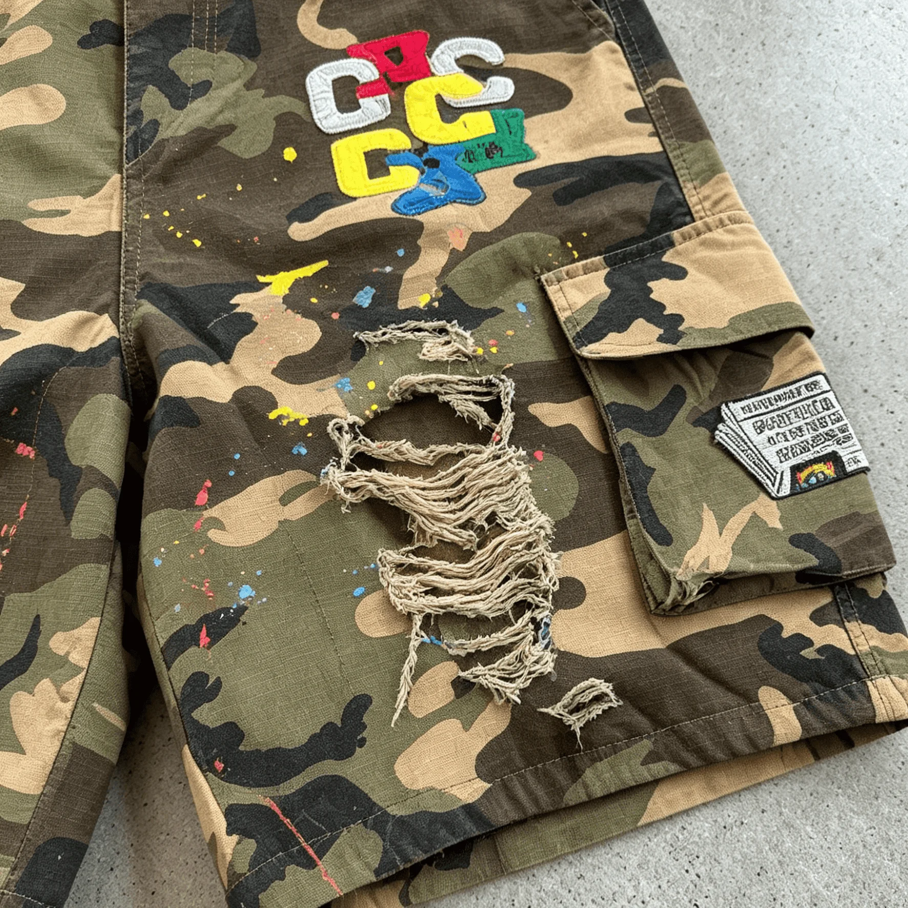 Custom Elastic Waist Paint Splatter Camouflage Tactical Multi Pocket Cotton Twill Streetwear Camo Cargo Shorts Men gallery 3