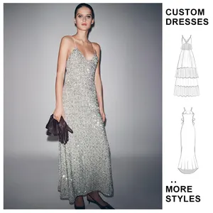 Custom Fashion Maxi Dress for Ladies New Design Sleeveless V-Neck Casual Glitter Sequin Evening Party slip Long Dress for Women