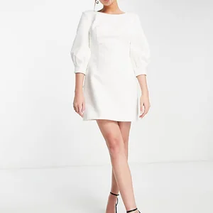 Custom Lady Elegant Office Dress White Half Puff Sleeve and Bow Back Party Sweet Dress Women Dresses