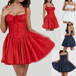 Custom High Quality Lace Trim Sleeveless Shirred Design Women Summer Casual Sexy Short Dresses