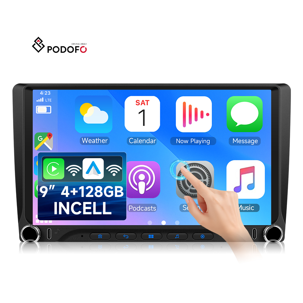 Podofo 9'' Incell Touchscreen 4+128G 2 Din Android Car Radio Stereo CarPlay/Android Auto GPS WIFI Type-C USB OEM/ODM Wholesale A4560