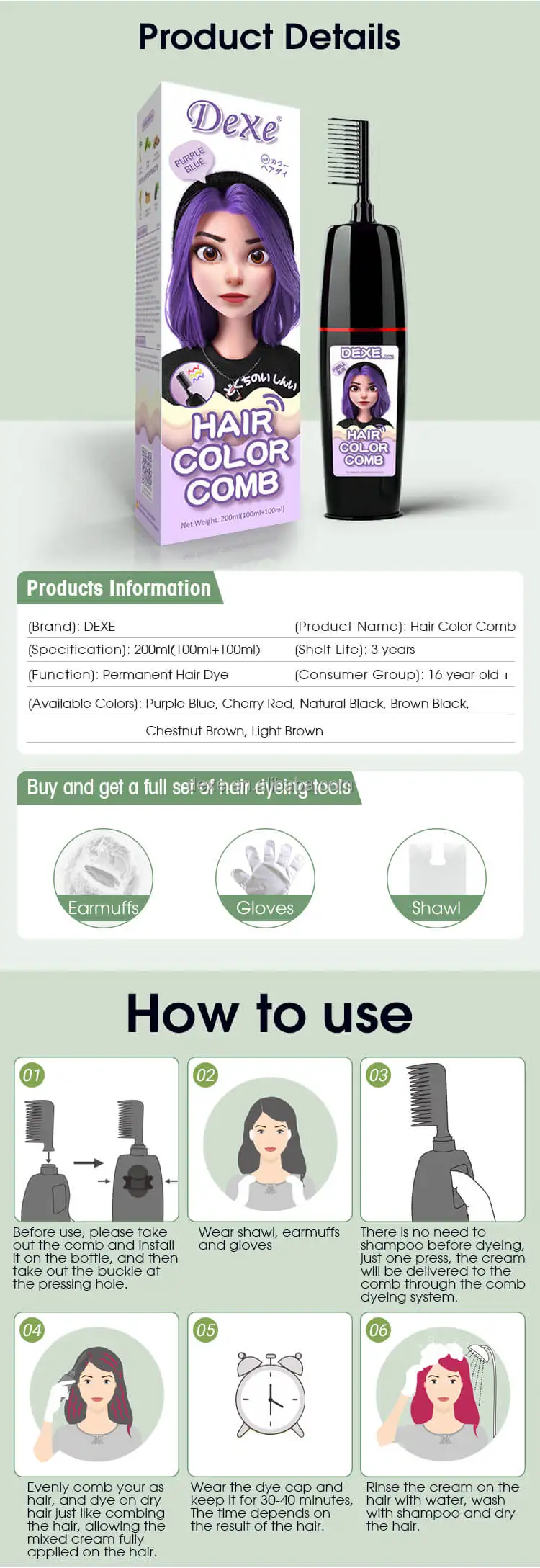 Dexe 180ml 200ml High Quality Private Label Natural Organic Hair Color Dye Shampoo Product Black Hair Color Magic with Combs
