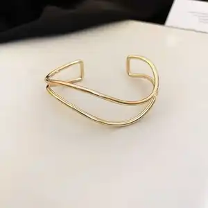 Minimalist Stainless Steel Geometric Wavy Line Cross Winding Bracelet Open Design Zircon Trendy Buddhist Inspired Waterproof