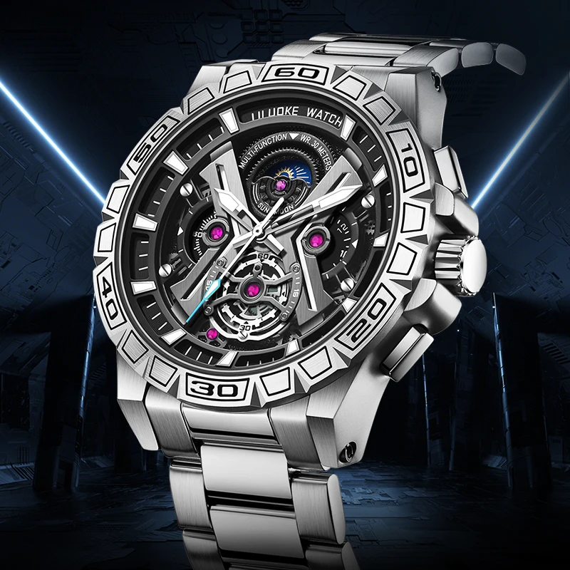 LILUOKE Luxury Top Brand Men Watches Big Dial Watch Face Stainless Steel Big Male Wristwatch Pilot Quartz Sports Watches for Man
