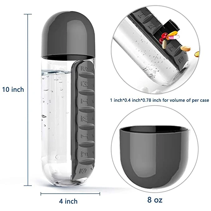 Water Bottle & Portable Pill Organizer, 7 Day Pill Case + 8oz Cup + Free  Pill Keychain Durable Plastic