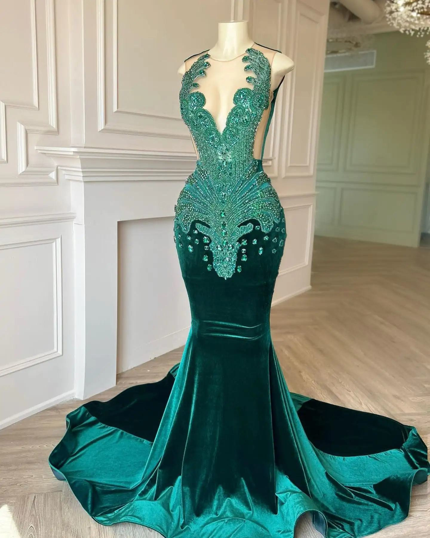 Luxury Beaded Crystal Evening Dresses Emerald Green Prom Dressed Sequin  Glitter Mother of Bride Dresses Elegant Gowns