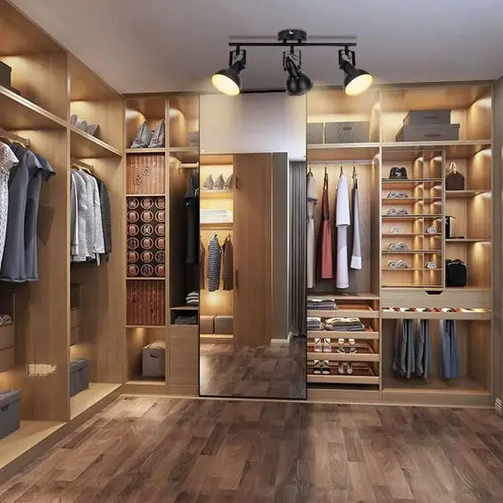 DIY Portable Closet Wardrobe Brown Color Modern Style Walk-in Closet with Light and Mirror