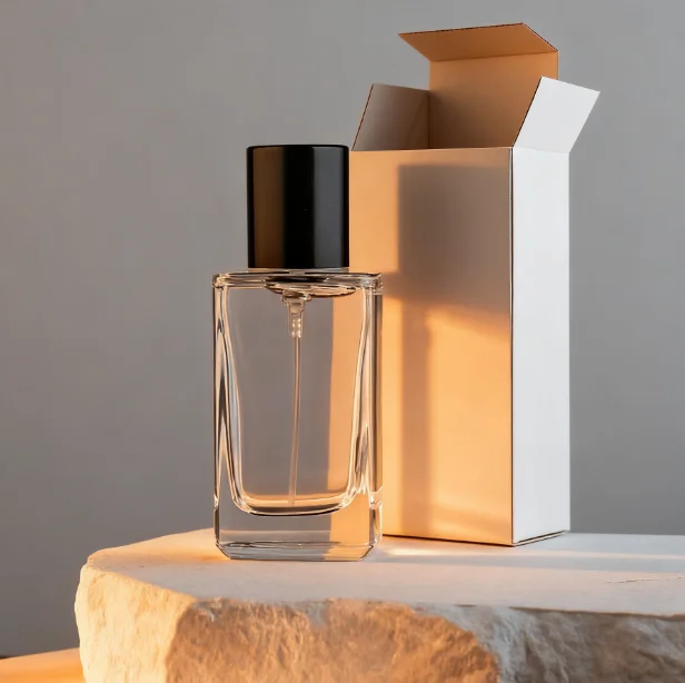 30ml Crimp Glass square Perfume Bottle with Black Lid and Box Packaging