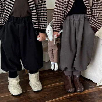 2024 Autumn new children's solid color cotton ankle banded pants boys and girls western style all-matching casual pants