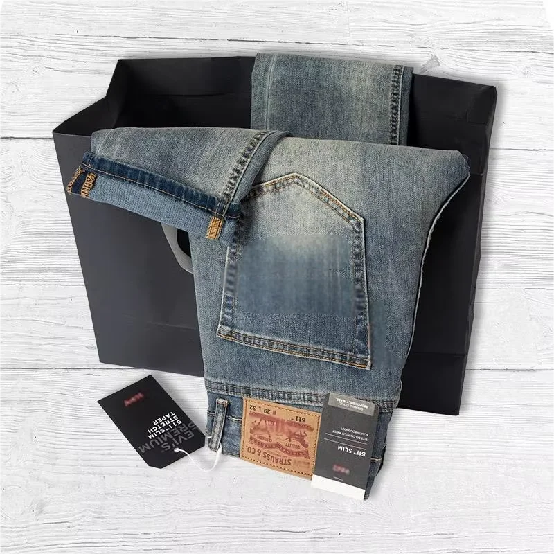 2025 New Autumn and Winter Washed Blue Jeans for Men, Slim Fit Elastic Pants, Printed Embroidery High-end Men's Jeans