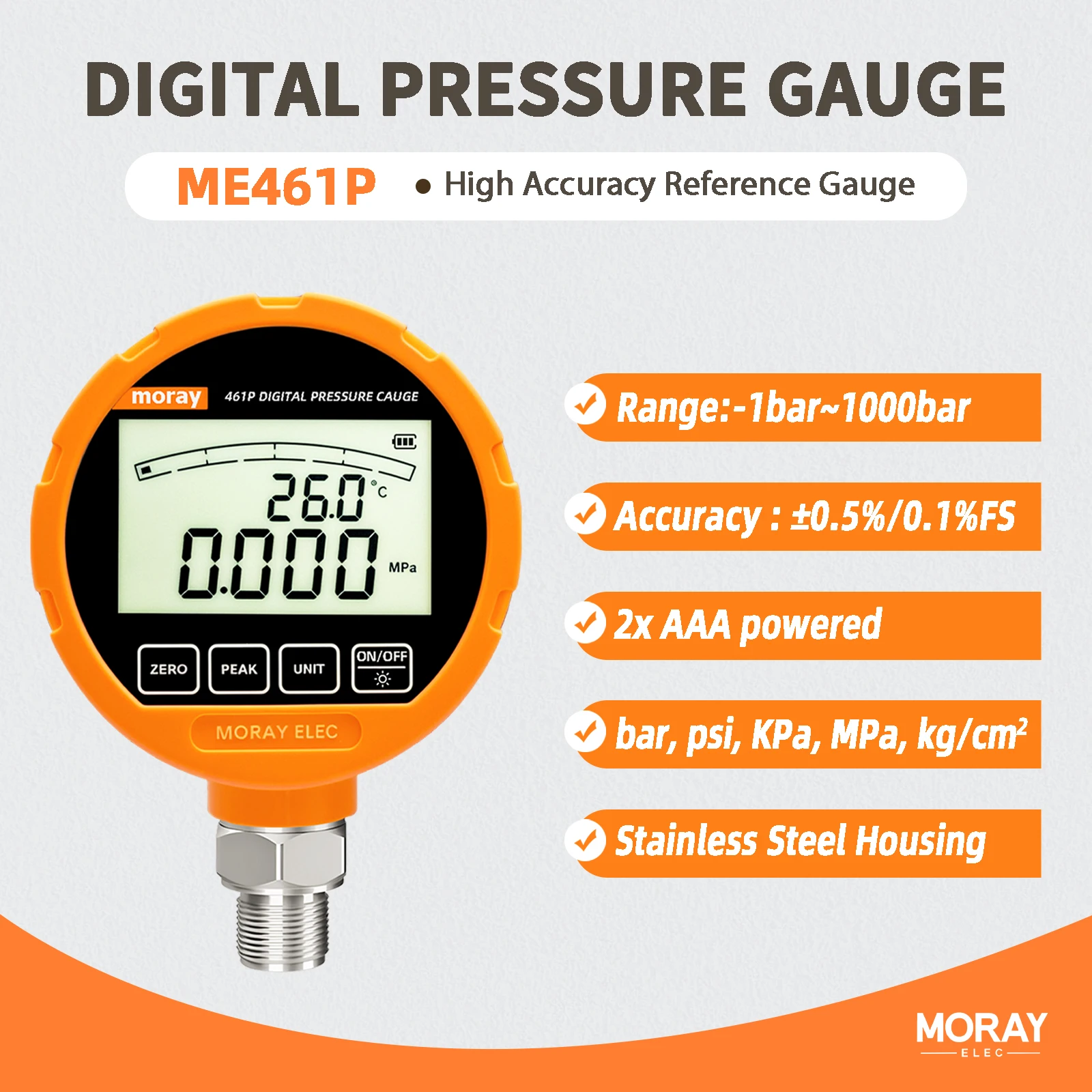 MORAY ME461P Rubber Protector Dustproof Accuracy 0.5%FS Diaphragm LCD Hydraulic Pressure Gauge Set Fuel Manometer