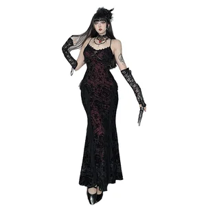 Customize Gothic Sexy Solid Lace Long Fishtail Robe Spaghetti Strap Sleeveless Backless Ruched Plain Dyed Vintage Maxi Dress