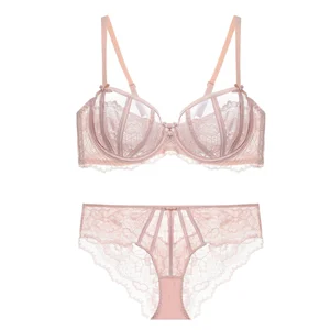Women's Summer Pink Lace Three Quarters Cup Bra French Style Wire-Free Adjustable Straps Hipster Panties Floral Push-Up Large
