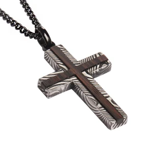 Damascus Steel Cross Pendant - Black IP Stainless Steel with Ebony Wood Inlay, Christian Jewelry for Men, Gothic Necklace Gift