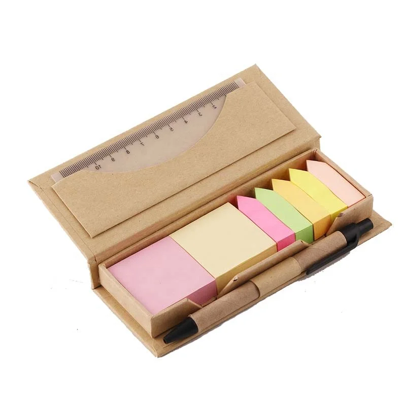 Adhesive Sticky Note Memo Pad With Pen and Ruler in Kraft Paper Box