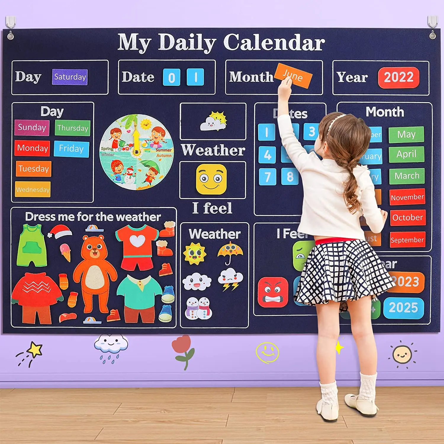 2024 My First Daily Calendar Day Week Chart must Haves Foldable Personalized Wall Felt Flannel Activity Board for Kids