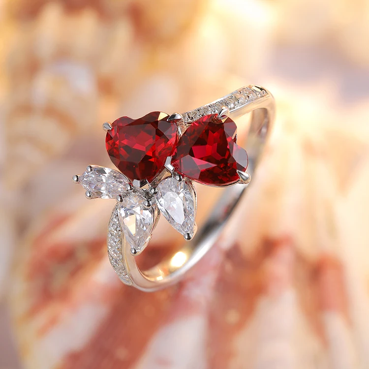 ANSTER Double Heart Design Lab Created Ruby Gemstone Ring