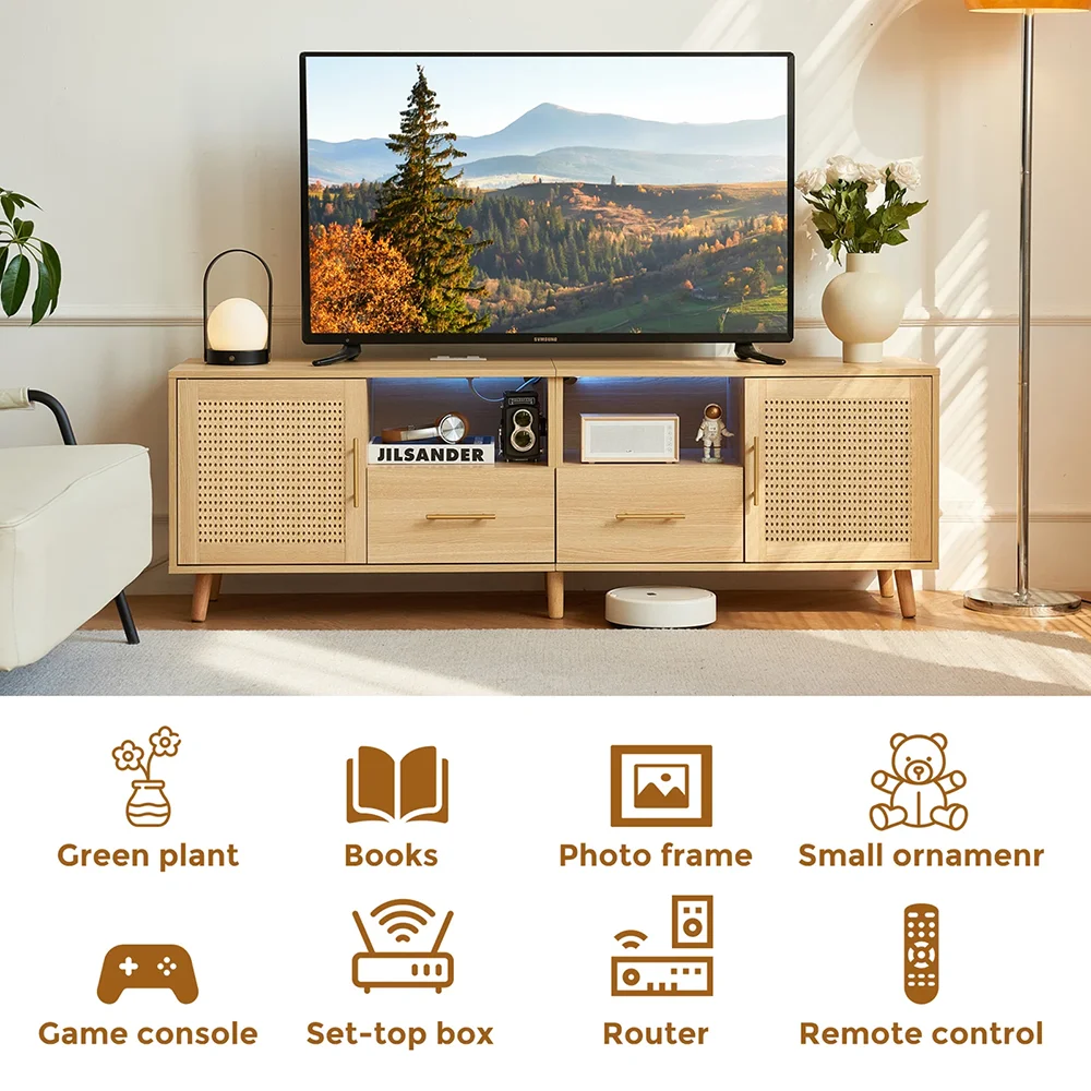 Large Modern MDF TV Stand 75\" LED Light Charging Station Coastal Media Console Rattan Door Multimedia Storage Furniture 2 manufacture