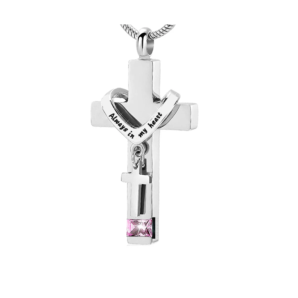 Cross With Birthstone Urn Necklaces for Ashes Stainless Steel Memorial Cremation Pendant Jewelry Keepsake for Human or Pet Gift