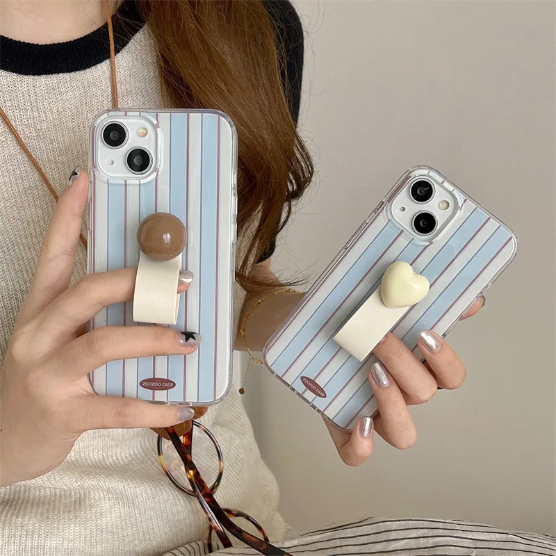 TPU INS Minimalist Blue Stripe Brown Round Ball Ring Mobile Phone Case For iPhone 11 12 13 16 Pro Max Plus XS XR 14 Pro Max