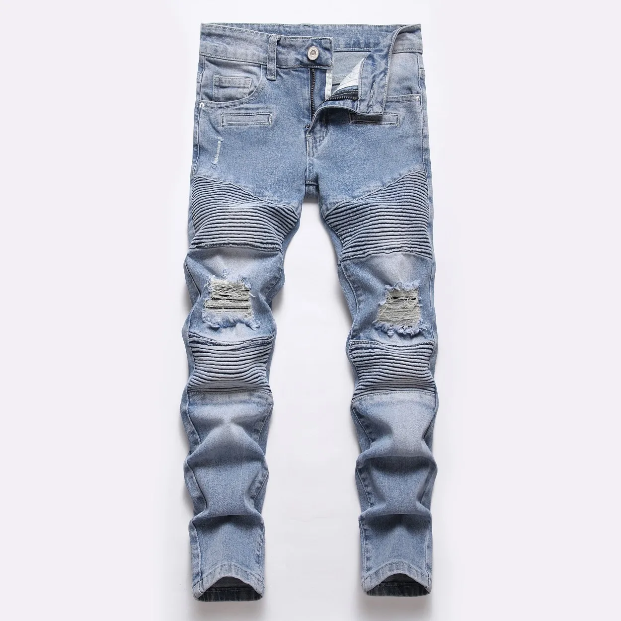 Wholesale Designers Embroidered Men's Biker Jeans Slim Fit Skinny Stretch Denim Pants in Blue Breathable for Summer and Autumn